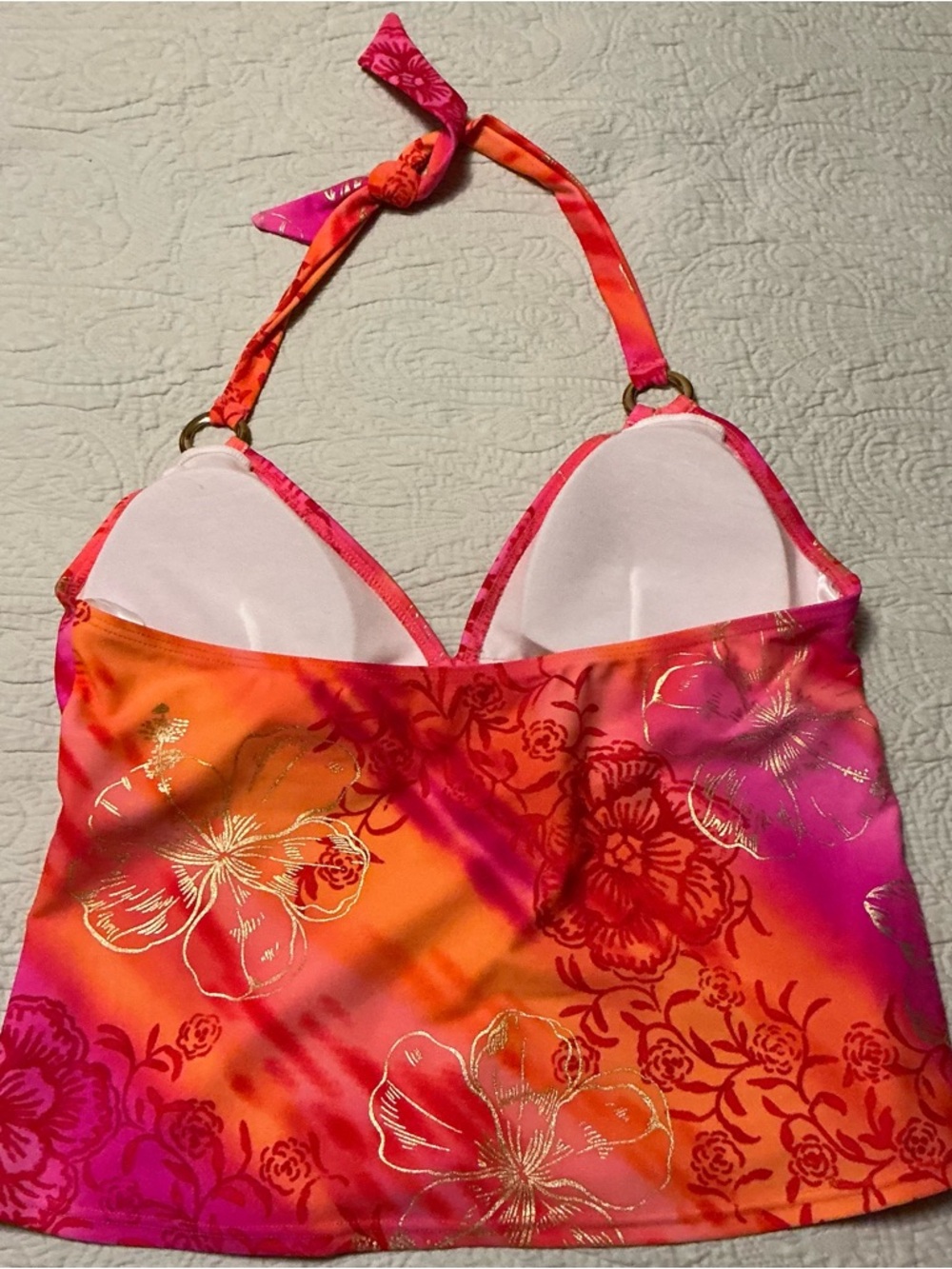 Beach Bay Floral Halter Tankini Top Women’s Size 12 Pink Orange - Picture 5 of 6